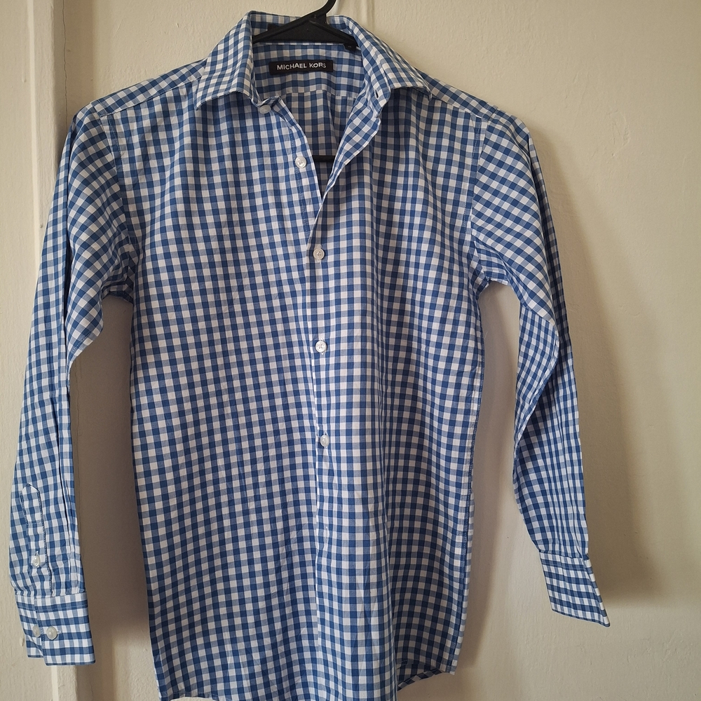 Michael Kors Blue and White Gingham Dress Shirt